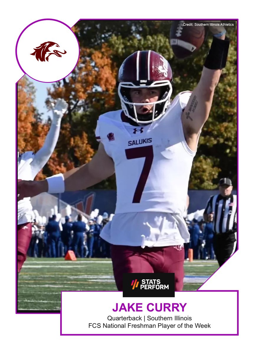 Stats Perform FCS National Freshman Player of the Week        

Congratulations to Southern Illinois QB Jake Curry.

Story: theanalyst.com/na/2024/11/sta…