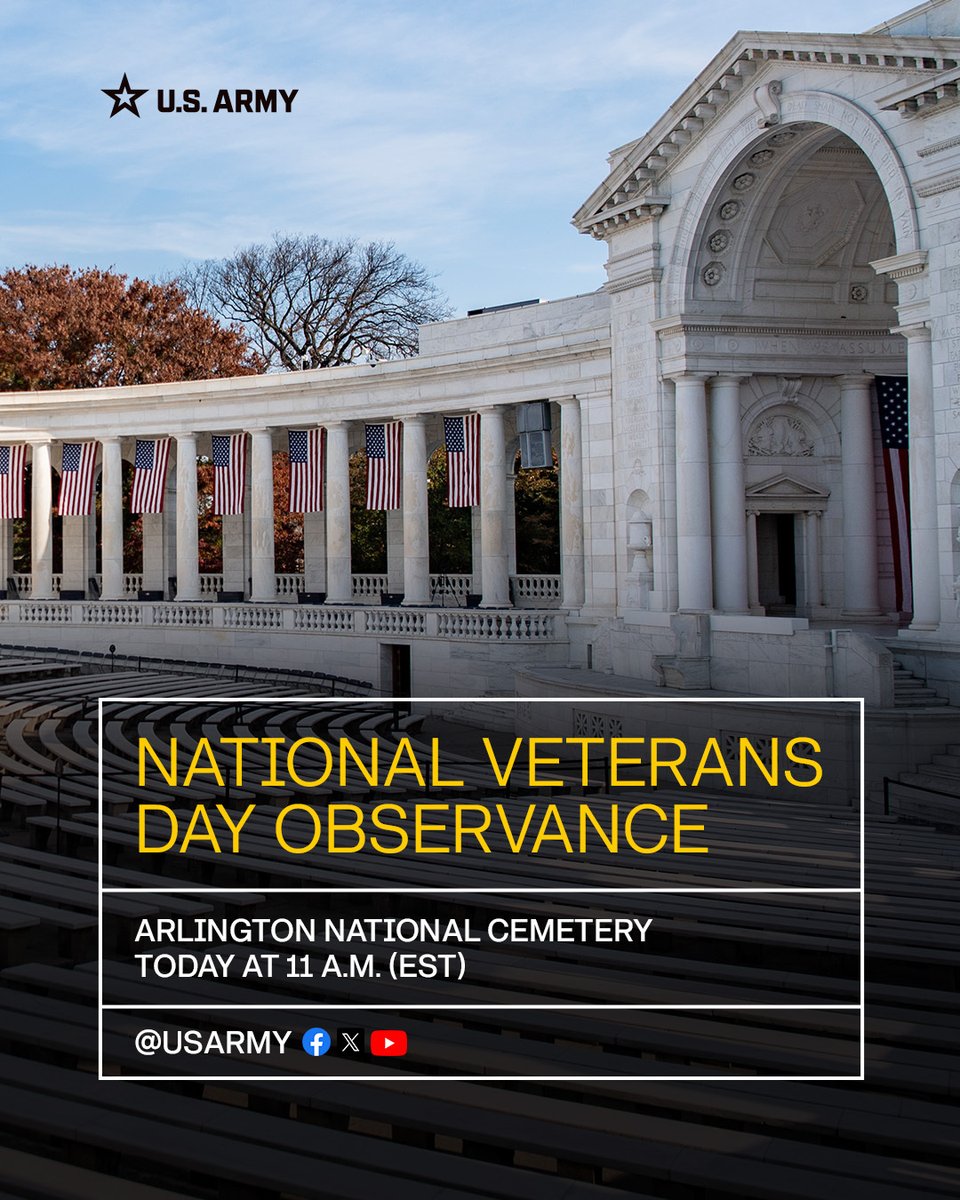 📺 Live today at 11A ET, watch the National #VeteransDay Observance at <a href="/ArlingtonNatl/">Arlington National Cemetery</a> here on the #USArmy’s X account.

🇺🇸 Honor our veterans’ sacrifices, celebrate their courage and reflect on their lasting impact.