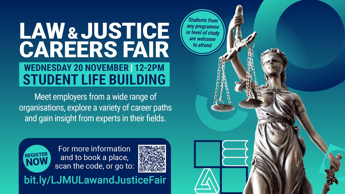 LJMU Student Futures team (@ljmucareers) on Twitter photo Law & Justice Careers Fair – Wed 20 Nov, 12-2pm, SLB - open to all <a href="/LJMU/">Liverpool John Moores University</a> students
Meet a range of legal firms & criminal justice orgs, explore a variety of careers paths, expand your professional network & gain insights from experts from these sectors
Reg: bit.ly/LJMULawandJust… Law & Justice Careers Fair – Wed 20 Nov, 12-2pm, SLB - open to all <a href="/LJMU/">Liverpool John Moores University</a> students
Meet a range of legal firms & criminal justice orgs, explore a variety of careers paths, expand your professional network & gain insights from experts from these sectors
Reg: bit.ly/LJMULawandJust…