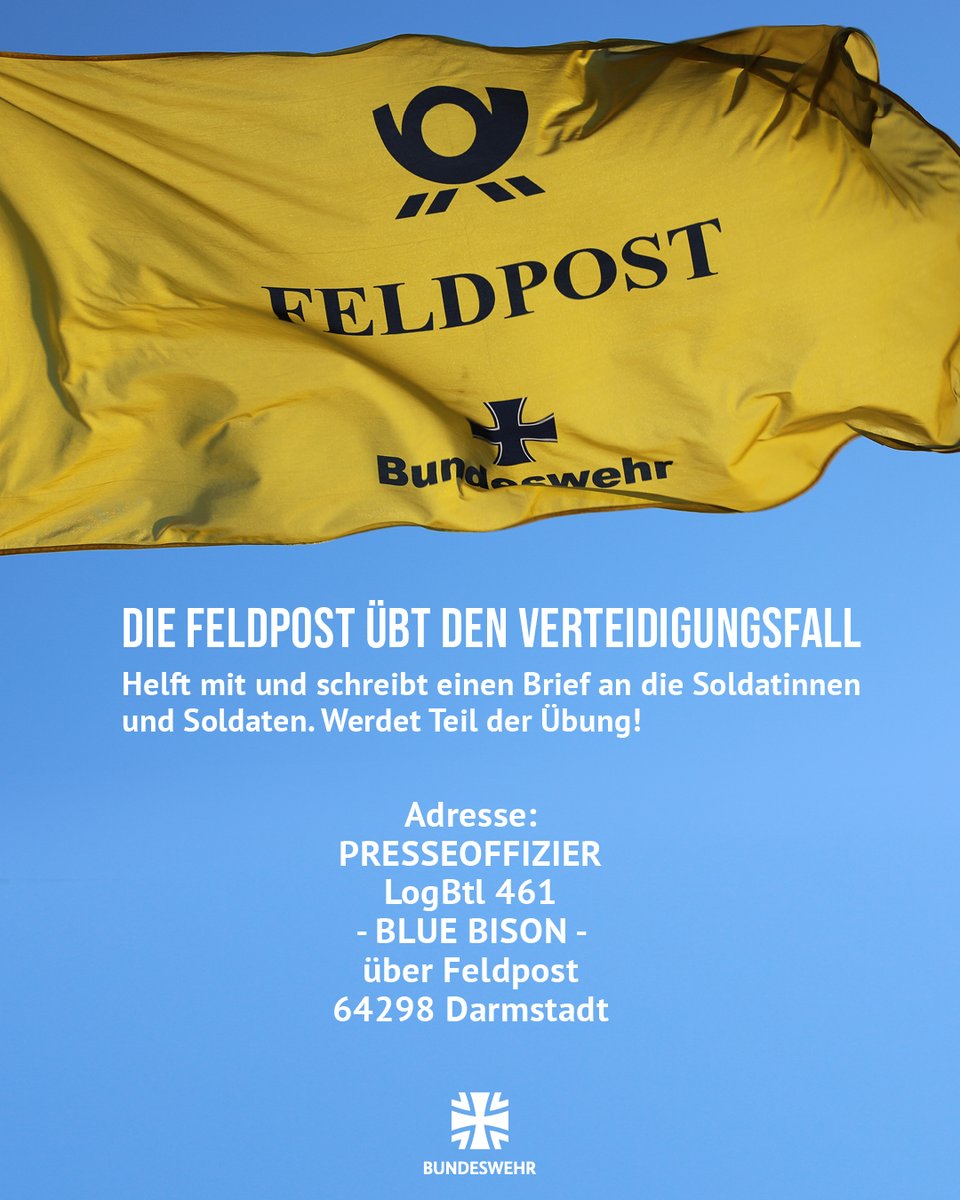 Bundeswehr (@bundeswehrinfo) on Twitter photo Wann habt ihr eigentlich zuletzt eine #Karte oder einen #Brief geschrieben? Vielleicht aus dem Urlaub?
Folgende Idee: Schreibt doch einfach jetzt! Und zwar "an" unsere #Feldpost, als Teil einer echten Übung. Mehr zur Übung Blue Bison: bundeswehr.de/de/organisatio… Wann habt ihr eigentlich zuletzt eine #Karte oder einen #Brief geschrieben? Vielleicht aus dem Urlaub?
Folgende Idee: Schreibt doch einfach jetzt! Und zwar "an" unsere #Feldpost, als Teil einer echten Übung. Mehr zur Übung Blue Bison: bundeswehr.de/de/organisatio…