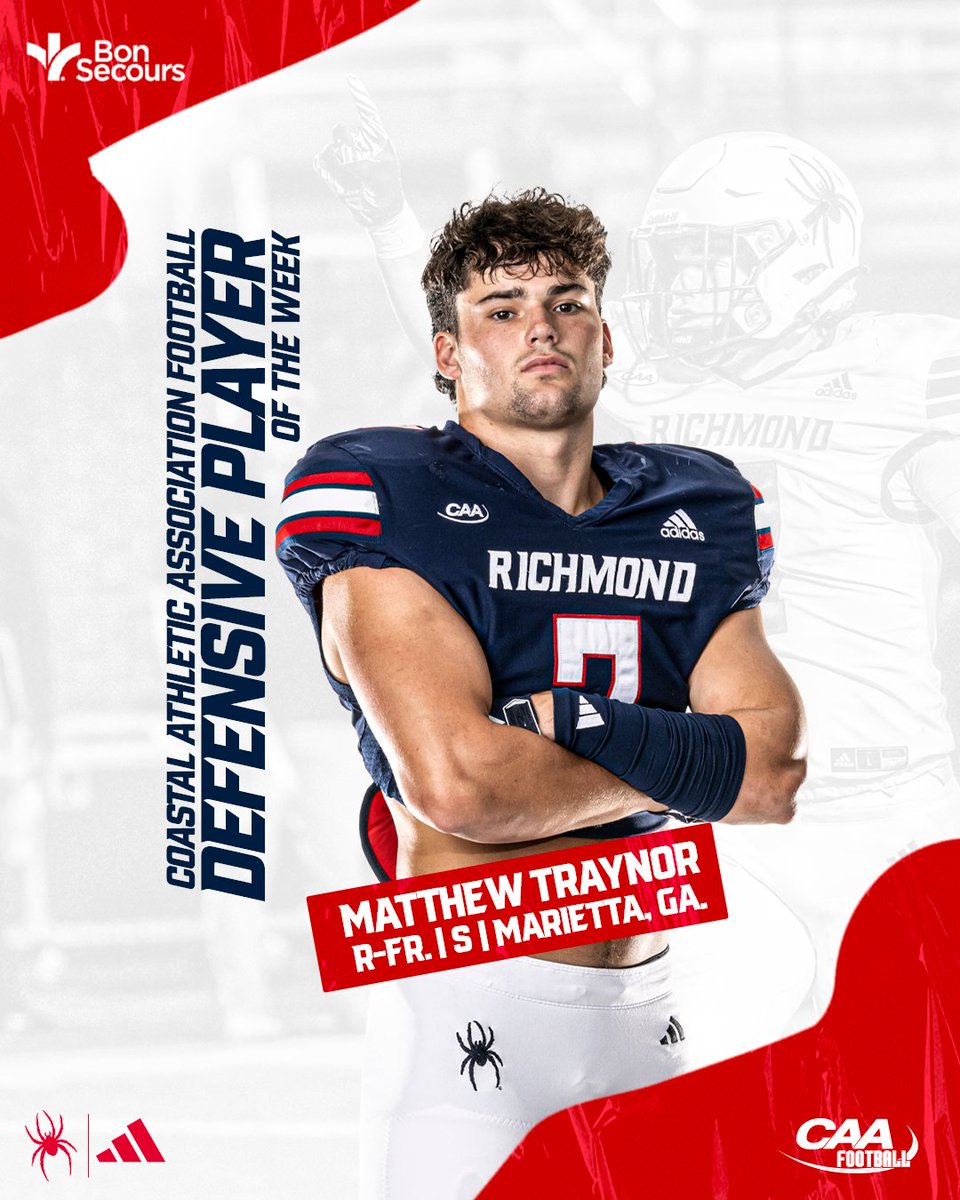 Richmond Spiders Football (@spiders_fb) on Twitter photo Congratulations to this week's <a href="/CAAFootball/">CAA Football</a> Defensive Player of the Week!
<a href="/matthewdtraynor/">Matthew Traynor</a> tallied a career-best 12 tackles including 2.0 tackles for loss and an interception to help the Spiders to a 27-24 victory over Campbell Saturday!
π spides.us/3YZa2Gd
#OneRichmond Congratulations to this week's <a href="/CAAFootball/">CAA Football</a> Defensive Player of the Week!
<a href="/matthewdtraynor/">Matthew Traynor</a> tallied a career-best 12 tackles including 2.0 tackles for loss and an interception to help the Spiders to a 27-24 victory over Campbell Saturday!
π spides.us/3YZa2Gd
#OneRichmond