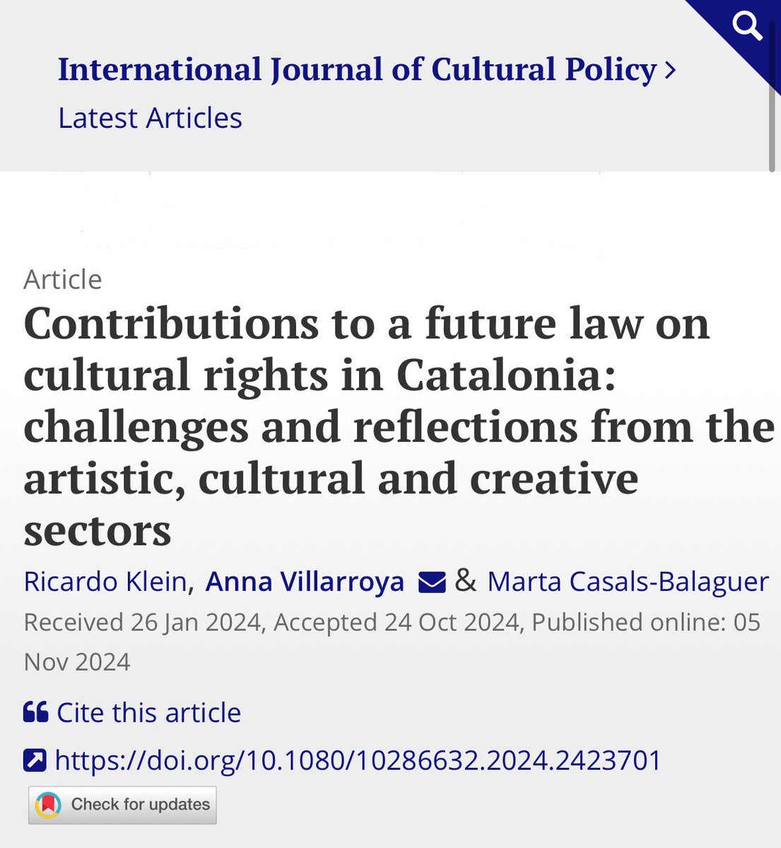 Marta Casals Balaguer (@martacasalsb) on Twitter photo Amb el <a href="/rkleinca/">Ricardo Klein</a> i l’Anna Villarroya (<a href="/CRICC_UB/">CRICC</a>) hem publicat un article a l’International Journal of Cultural Policy <a href="/WeAreTandF/">Taylor & Francis</a> sobre les aportacions a una futura llei de drets culturals a Catalunya.
fima.ub.edu/grups/cricc/no… Amb el <a href="/rkleinca/">Ricardo Klein</a> i l’Anna Villarroya (<a href="/CRICC_UB/">CRICC</a>) hem publicat un article a l’International Journal of Cultural Policy <a href="/WeAreTandF/">Taylor & Francis</a> sobre les aportacions a una futura llei de drets culturals a Catalunya.
fima.ub.edu/grups/cricc/no…