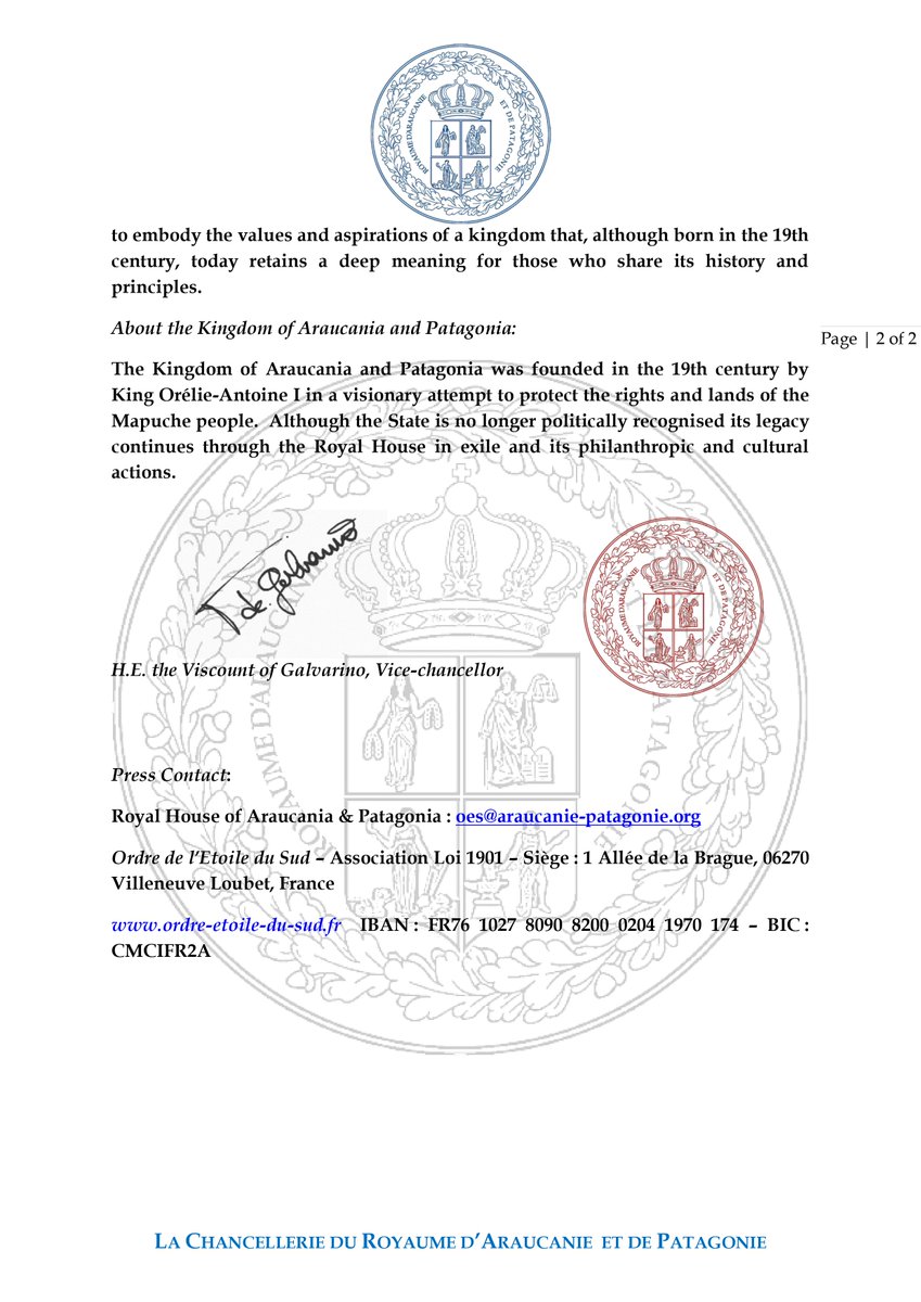 APchancellerie's tweet photo. Important announcement from HRH Prince Frederic I on the 164th anniversary of the foundation of the Kingdom of Araucania and Patagonia.

#Argentine #Argentina #Araucania #Patagonia #Chile #Mapuche #mapuches #Tewelche #SouthAmerica #KingdomAraucaniaPatagonia #KingdomAraucania
#ngo https://t.co/CQqfP2MTES