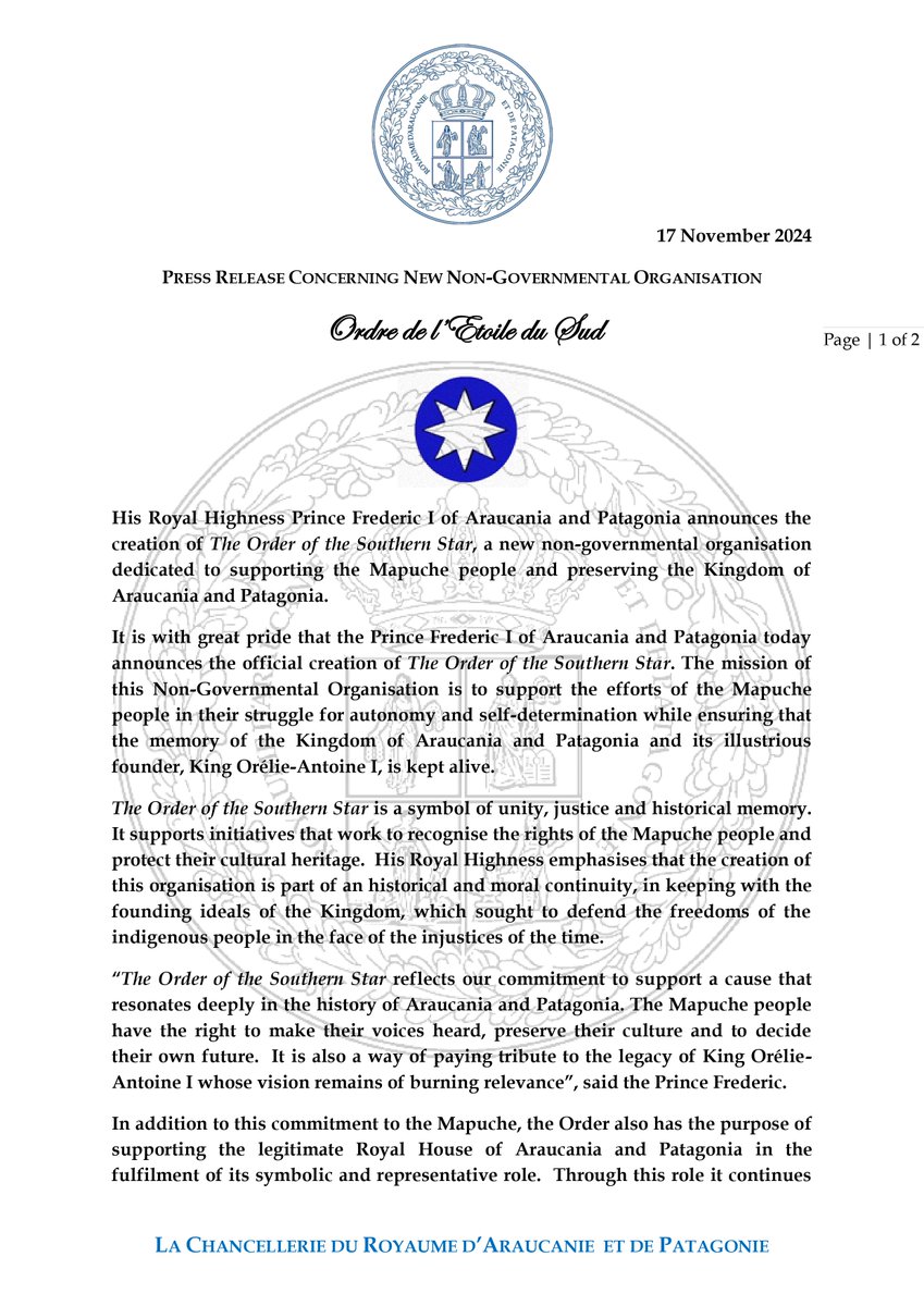 APchancellerie's tweet photo. Important announcement from HRH Prince Frederic I on the 164th anniversary of the foundation of the Kingdom of Araucania and Patagonia.

#Argentine #Argentina #Araucania #Patagonia #Chile #Mapuche #mapuches #Tewelche #SouthAmerica #KingdomAraucaniaPatagonia #KingdomAraucania
#ngo https://t.co/CQqfP2MTES