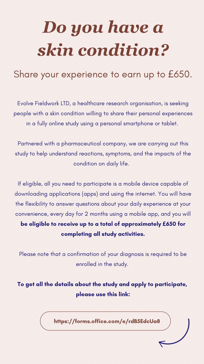 Do you have a skin condition? 

Share your experience and earn up to £650! 

To get all details about the study and apply to participate, please use this link: forms.office.com/e/rdB5EdcUa8