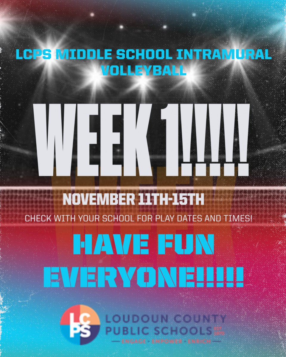 Volleyball gets kicked off this week for our LCPS Middle School Intramural programs!  Check with your school intramural coordinators for play dates and times!