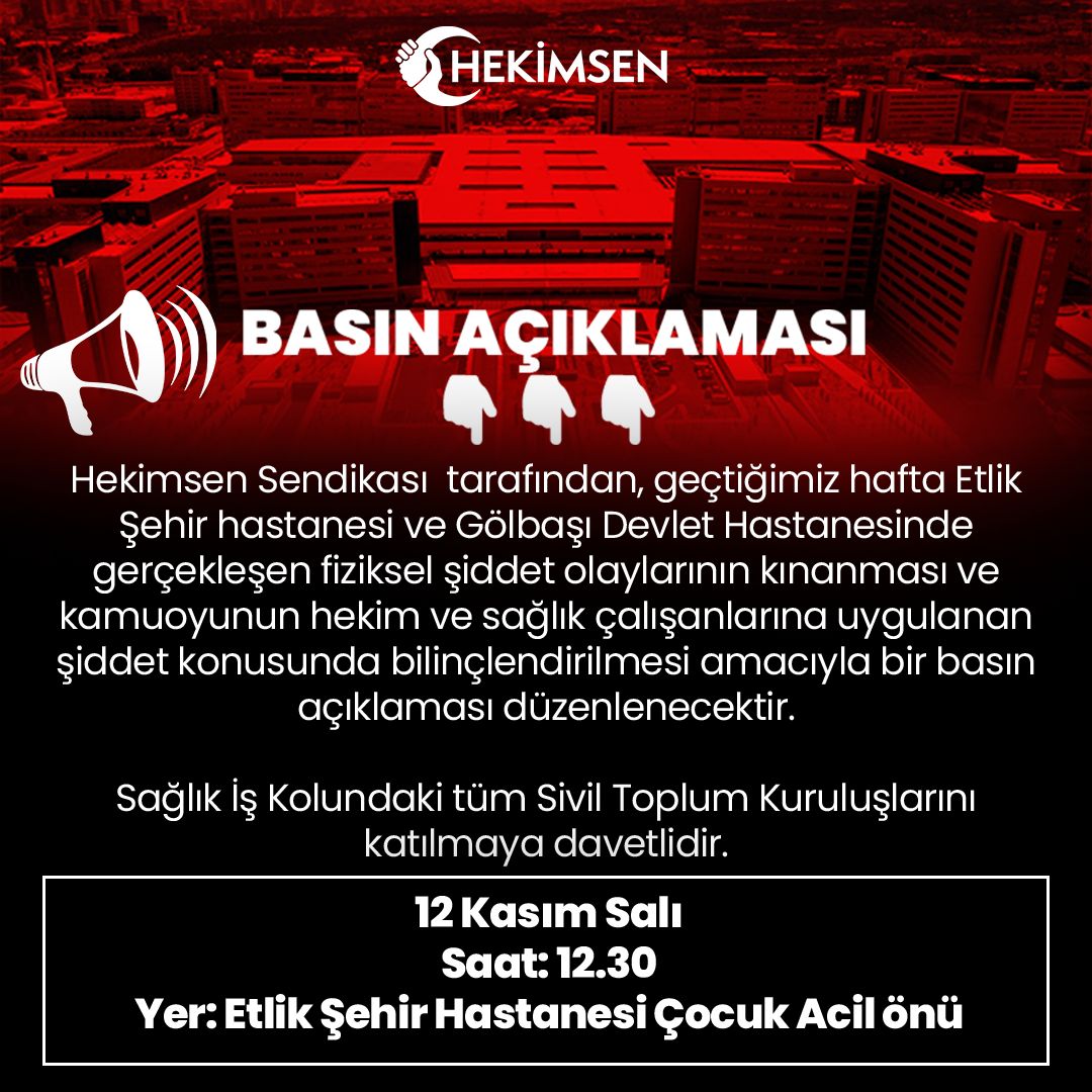 12 Kasım Salı günü Etlik Şehir Hastanesi Pediatri Acil Servisi önünde basın açıklamamız olacaktır. Tüm Sivil Toplum Kuruluşları ve üyelerini davet ediyoruz.