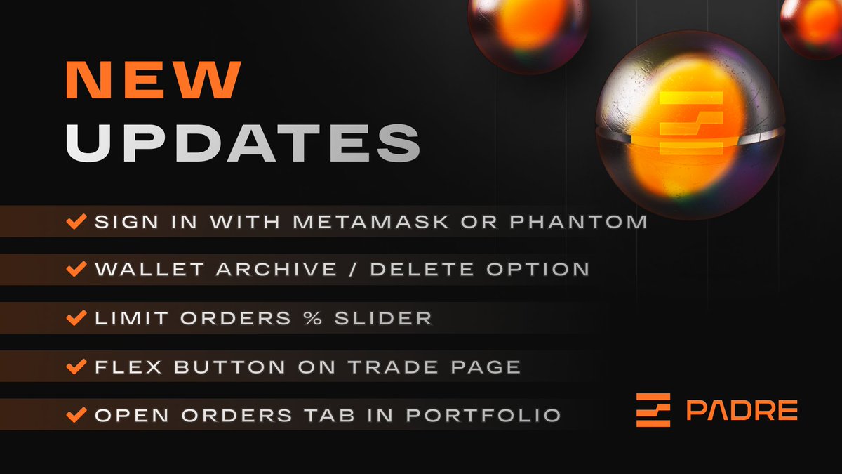 TradingTerminal's tweet photo. NEW UPDATES
#PadreV2 just got a fresh set of features! Here’s what’s new:
🔶 Sign in with @MetaMask or @phantom – now you can easily register to Padre using your preferred wallet🔥
🔶 Flex button on Trade Page – share your PNL card right away after a trade to show off your trading performance
🔶 Wallet Archive & Delete options – manage your wallets with new options to archive or permanently delete them
🔶 Percentage slider for setting up Limit Orders – quickly set up limit orders with a new slider for finer precision
🔶 Open Orders Tab in Portfolio – manage all your open orders on all tokens in one spot for better tracking
These updates are designed to enhance your trading experience. Have ideas for more features? Share them below! 👇