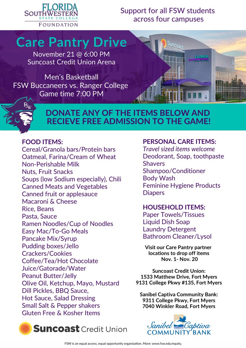 FSWBucs's tweet photo. Bucs fans, help us stock the Care Pantry before Thanksgiving and earn free tickets to a Bucs Basketball game! Donate any of the following items between now and Nov. 20 at Suncoast Credit Union or on gameday Nov. 21 at the Arena to receive two free tickets to the game! https://t.co/psXKB9CvUI