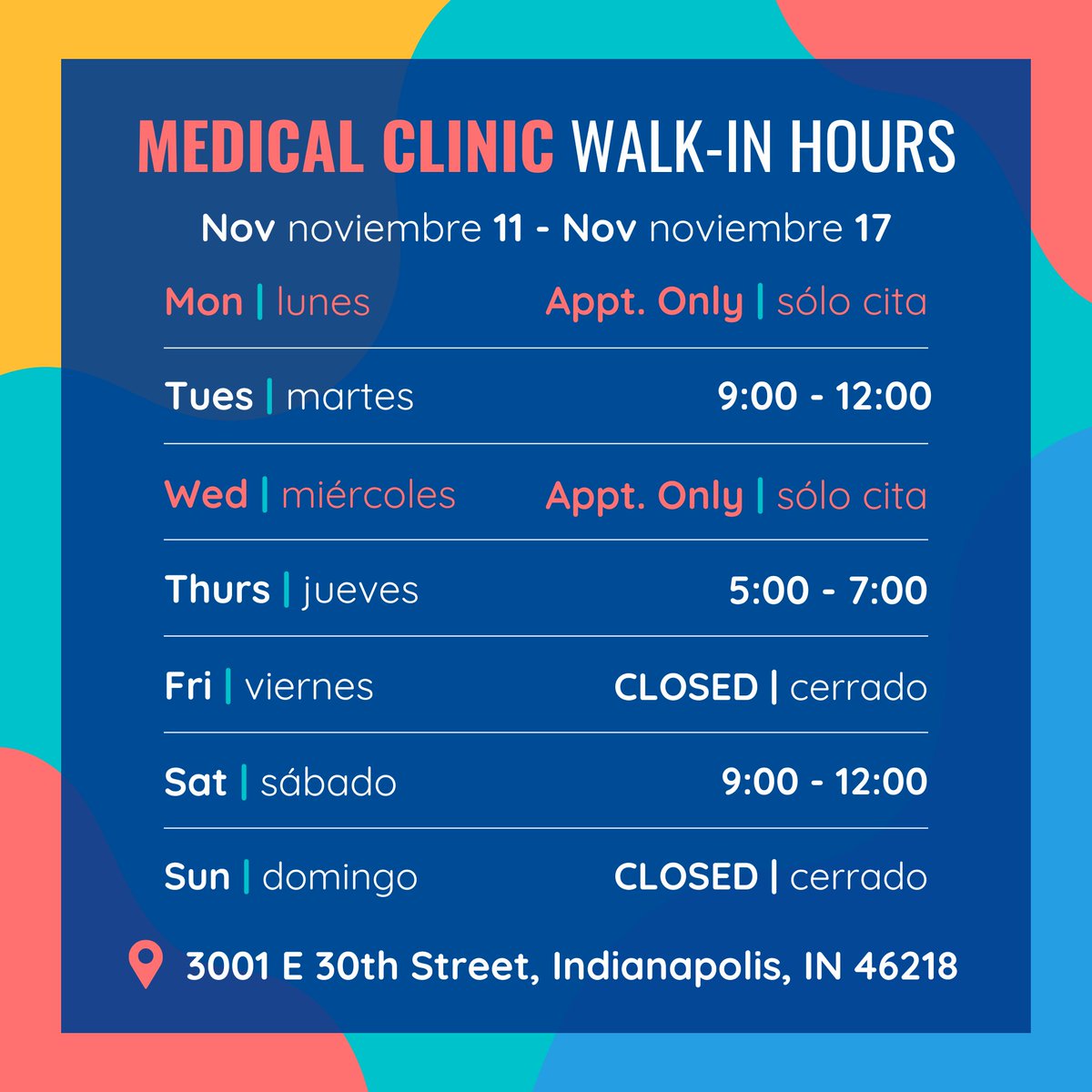 ‼️ WEEKLY HOURS UPDATE ‼️ These hours are walk-in hours ONLY for the GFC Medical Clinic inside of the St. Vincent de Paul Food Pantry at 3001 E. 30th Street, Indianapolis, IN 46218. See you there!