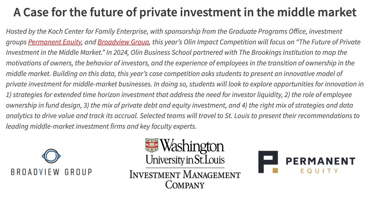 When I was in school, I did one case competition and it wasn't pretty. 

So if you know of any undergrad or MBA students interested in private equity, especially if they're not inclined to such things, this is for them.

Learn more: sites.wustl.edu/olinvaluesandd…