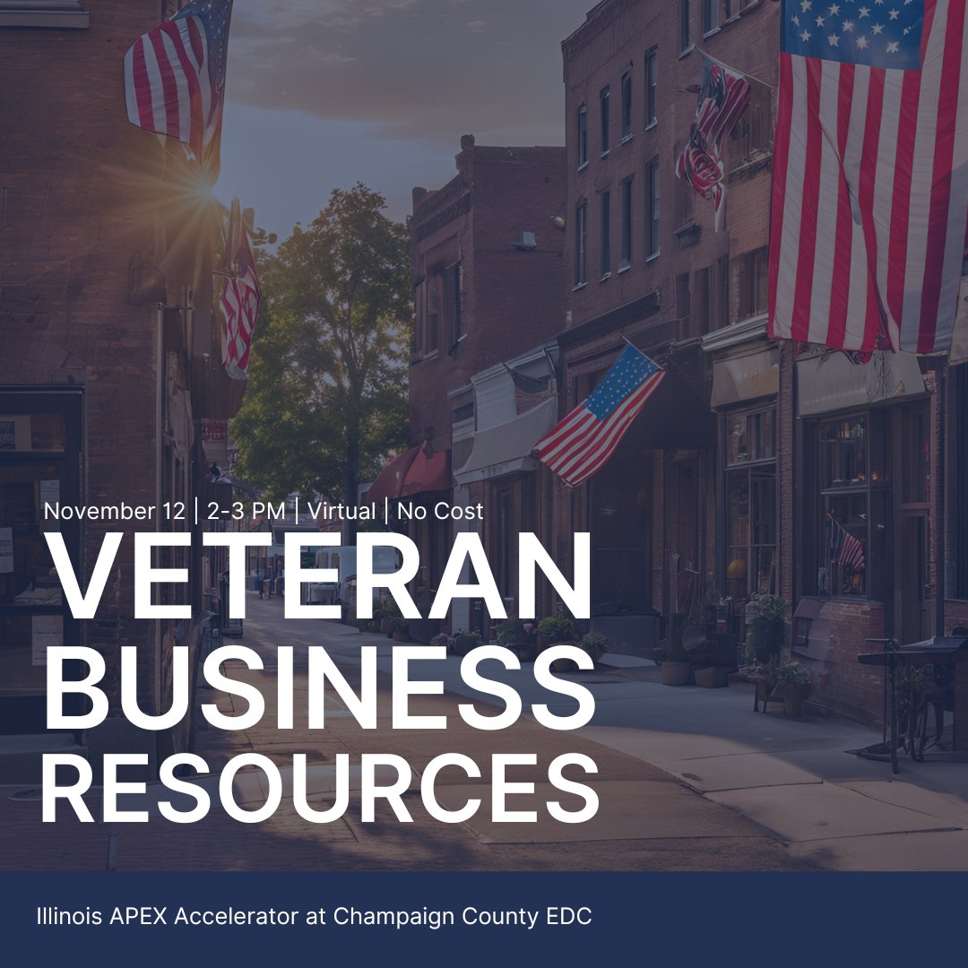 CUSBDC (@cusbdc) on Twitter photo As part of National Veterans Small Business Week, the Illinois APEX Accelerator at <a href="/CHCEDC/">Champaign County EDC</a> will host the Veteran Business Resources webinar on 11/12.
Co-hosted by <a href="/SBAgov/">SBA</a>'s Veterans Business Outreach Center, it is open to all & offered at no cost: us02web.zoom.us/webinar/regist… As part of National Veterans Small Business Week, the Illinois APEX Accelerator at <a href="/CHCEDC/">Champaign County EDC</a> will host the Veteran Business Resources webinar on 11/12.
Co-hosted by <a href="/SBAgov/">SBA</a>'s Veterans Business Outreach Center, it is open to all & offered at no cost: us02web.zoom.us/webinar/regist…