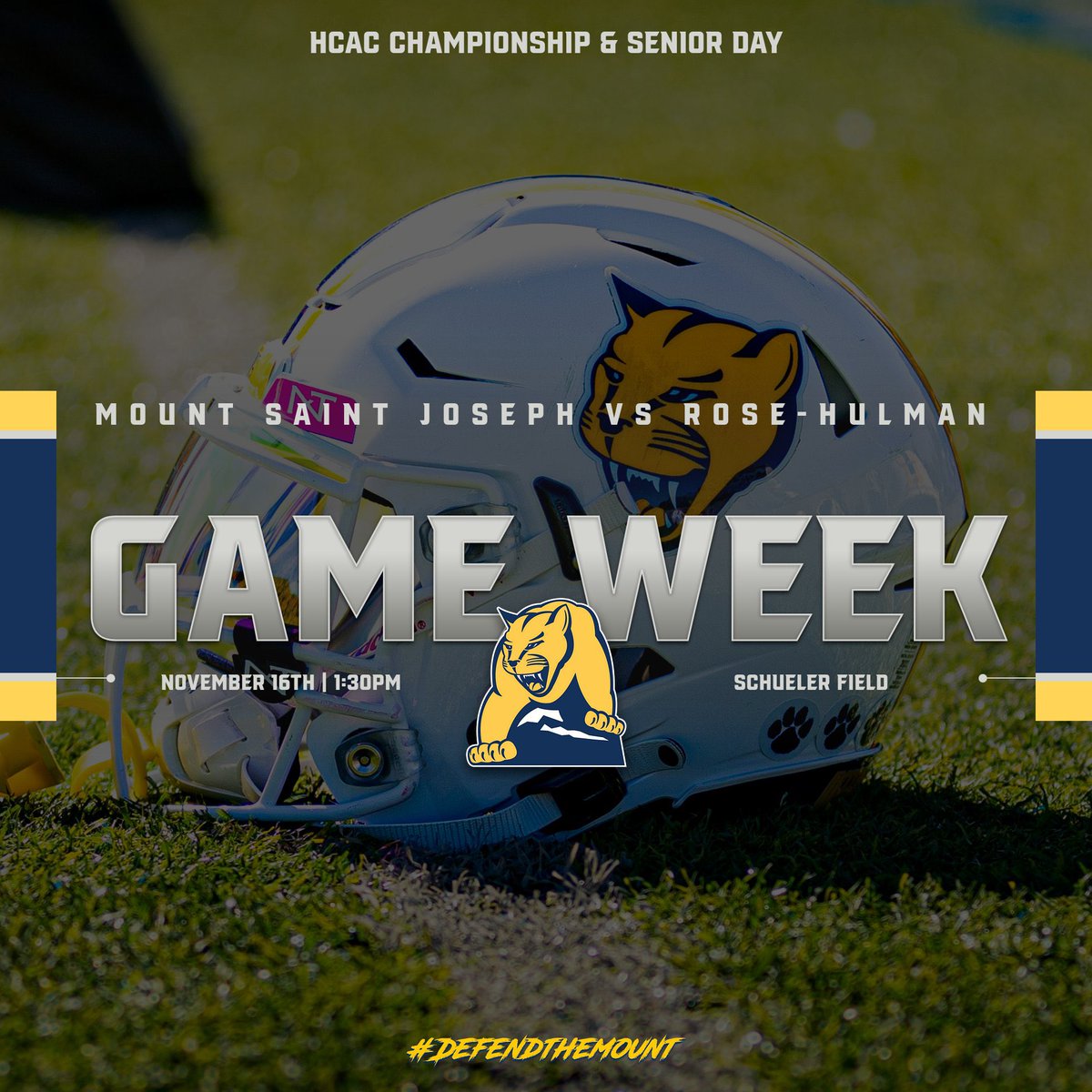 GAME10 

𝑯𝑪𝑨𝑪 𝑪𝑯𝑨𝑴𝑷𝑰𝑶𝑵𝑺𝑯𝑰𝑷/𝑺𝑬𝑵𝑰𝑶𝑹 𝑫𝑨𝒀

🆚 | Rose-Hulman Institute of Tech. 
🏟️ | Schueler Field
🗓️ | Nov. 16th, 2024
⏰ | 1:30 pm EST

#MountUp
#DEFENDTHEMOUNT