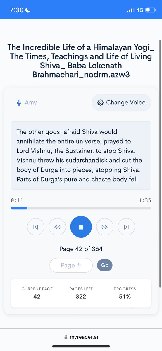 Listening to this beautiful story of Baba Loknath (a yogi who lived 160 years) on <a href="/myreader_ai/">Myreader</a>. 

Before I would have had to buy audible subscription and pay separately for digital book on kindle (not easy to export) to do this. 

Now I just buy once on any site, upload on
