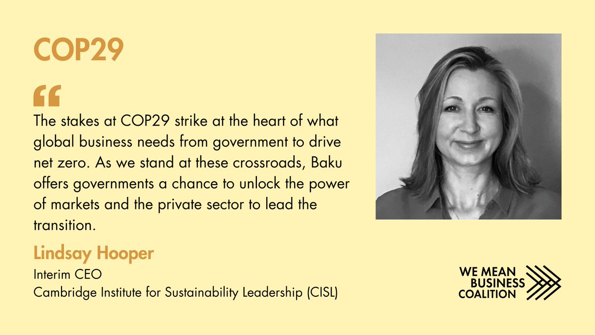 WMBtweets's tweet photo. 🆕 As #COP29 begins, @Lindsay_Hooper from our founding partner @cisl_cambridge reflects in @Reuters on why COPs remain the best forum we have to answer questions critical to our long-term resilience and prosperity.

Amidst political upheaval and tough intergovernmental negotiations, COP29’s focus on climate finance places the summit at a critical crossroads: the future relationship between public and private sectors in the drive to achieve net zero.

Find out more: https://t.co/QtIuhOYotE