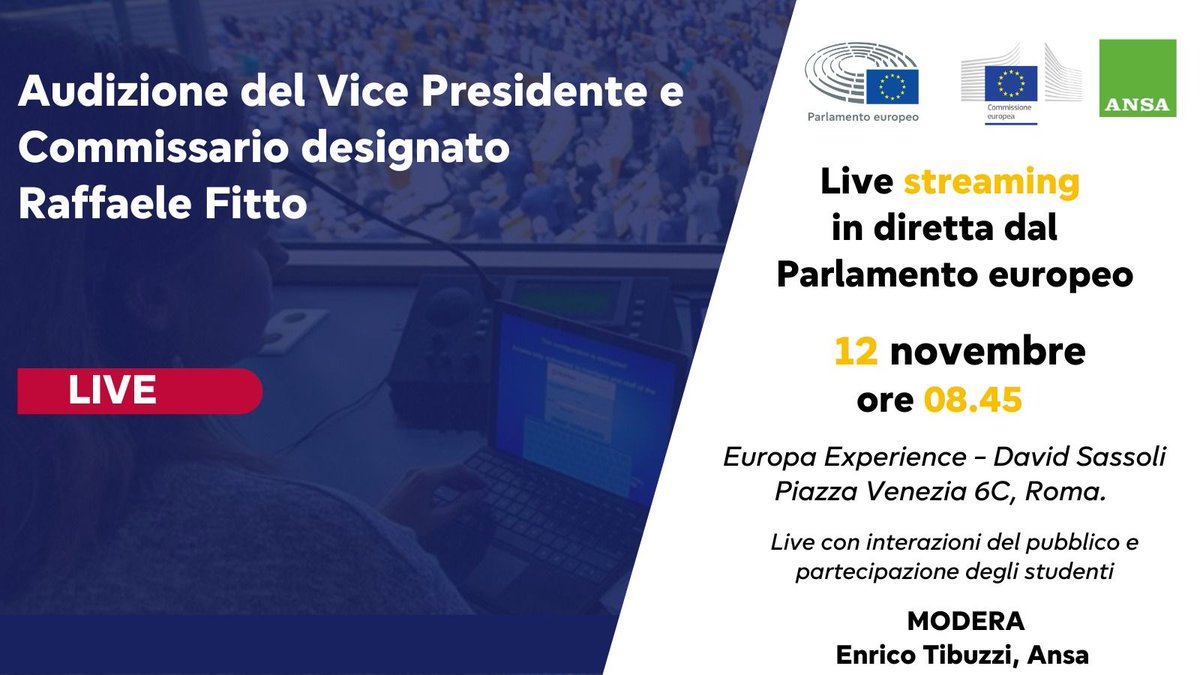 📌 Audizione del Vice Presidente e Commissario designato Fitto 

🗓 Domani, 12/11 ore 08.45, live streaming in diretta dal Parlamento europeo, con gli eurodeputati <a href="/FlavioTosiTW/">Flavio Tosi</a> <a href="/BenniScuderi/">Benedetta Scuderi</a> <a href="/ale_moretti/">Alessandra Moretti</a> <a href="/PaoloBorchia/">Paolo Borchia</a> <a href="/gaepedulla/">Gaetano Pedullà</a>

Modera <a href="/enricotibuzzi/">enrico tibuzzi</a> ANSA- con <a href="/CorazzaEP/">Carlo Corazza</a>.