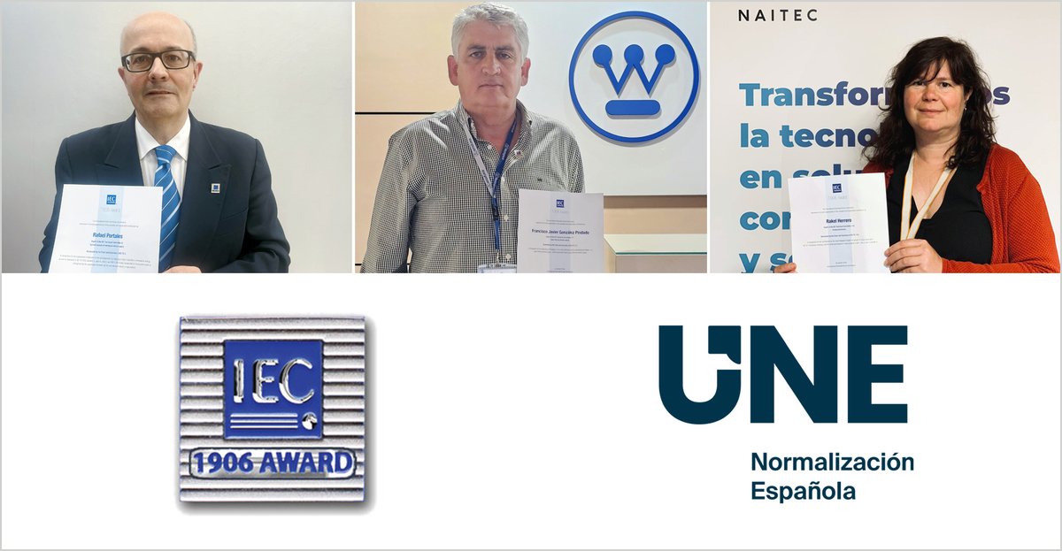 👏  Damos la enhorabuena a los tres expertos españoles galardonados en los Premios IEC 1906, otorgados por <a href="/IECStandards/">IEC</a>, cuyo representante nacional es #UNE. Reconocen su labor en los Comités Técnicos de Normalización.

🏆  Rafael Portales, del CTN IEC/TC 8, por su contribución