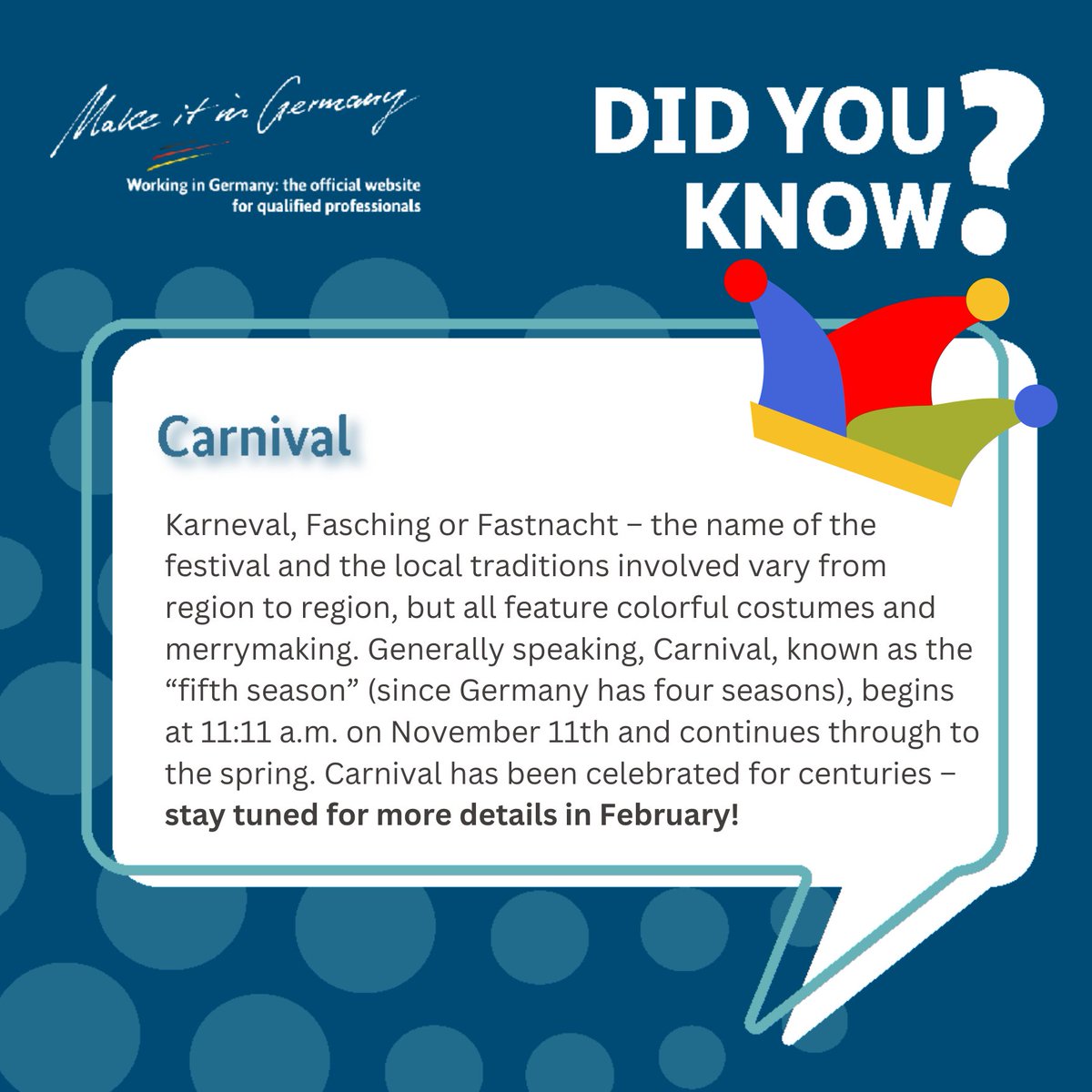 Have you ever heard about #Karneval, #Fasching, or #Fastnacht?  💃

Carnival kicks off at 11:11 a.m. on November 11th and lasts all the way through spring! 🌷

🌞 It's known as the "fifth season" in Germany, and it's a tradition that has been celebrated for centuries.
🎊✨