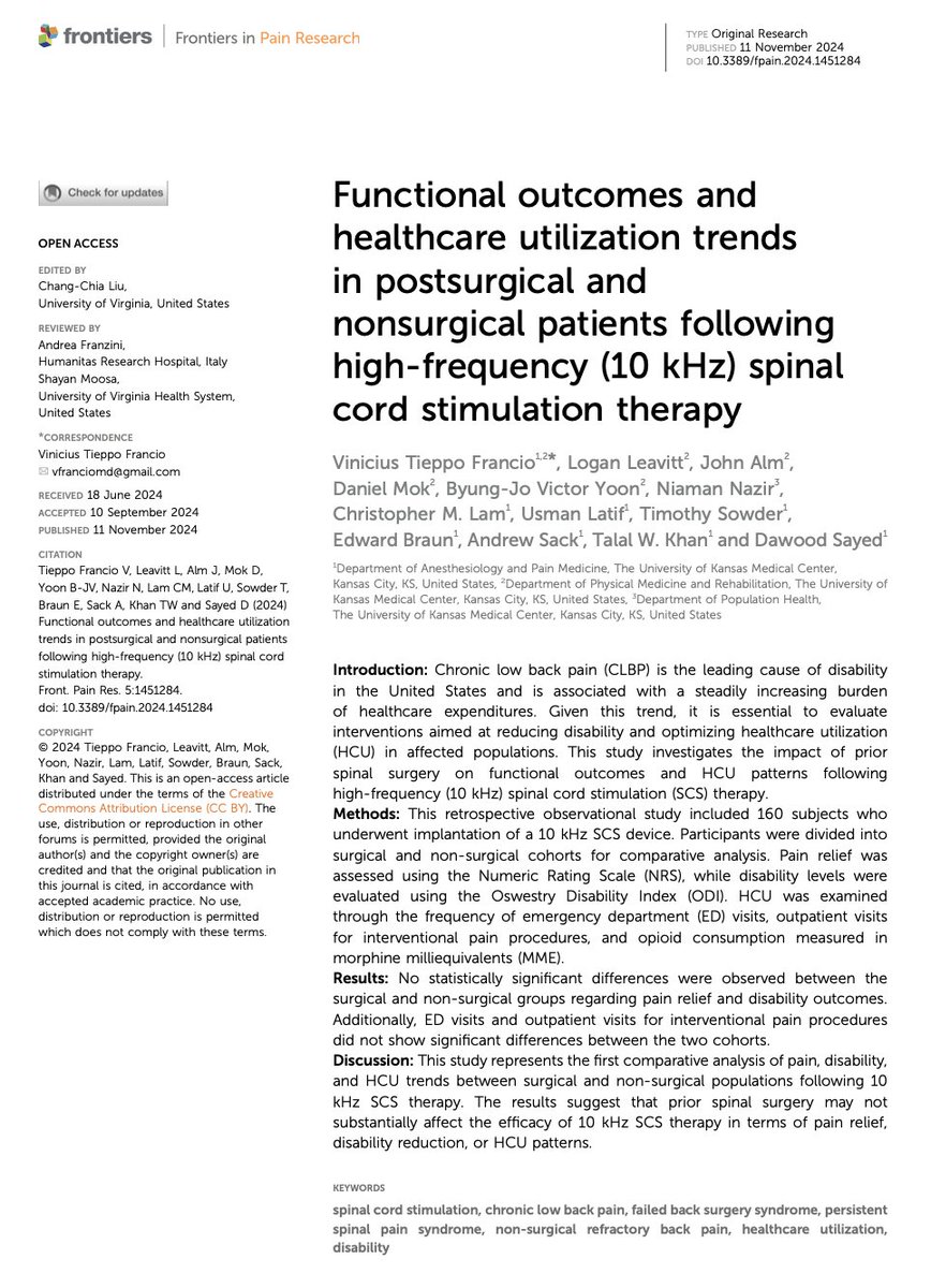 Our latest study <a href="/FrontPain/">Frontiers in Pain Research</a> compares pain relief, disability and healthcare trends between patients w/ &amp; w/o spinal surgery undergoing @Nevro_HFX SCS. Findings suggest that surgical history may NOT impact the effectiveness of 10kHz SCS in managing CLBP  ➡️shorturl.at/WmYM7