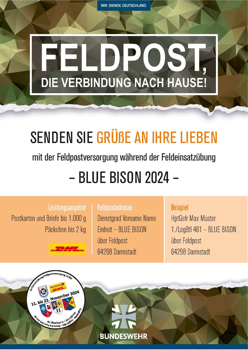 SKB_JSES's tweet image. Werde Teil einer echten Übung und schreib’ unseren #Logistiktruppen bis 20.11. einen #Brief mit kameradschaftlichen Grüßen an unsere #Feldpost ✉️

#skb #möglichmacher #logistik 

Mehr zur Übung 👇
bundeswehr.de/de/organisatio…