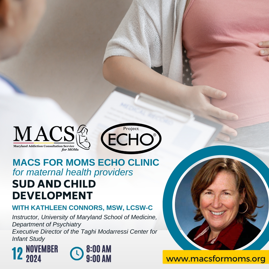 #ICYMI There’s still time to register for tomorrow’s Maternal Health ECHO Clinic! Led by Kathleen Connors, MSW, LCSW-C, the session will focus on SUD and Child Development.

Register here: medschool.umaryland.edu/macsformoms/pr….

#ProjectECHO