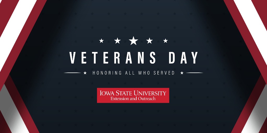 ISU_Geospatial's tweet image. Today is #VeteransDay. Help us in honoring all who served. 
To learn more about the history of this national holiday, visit go.iastate.edu/6XOYZR
#StrongIowa #VeteransDay2024