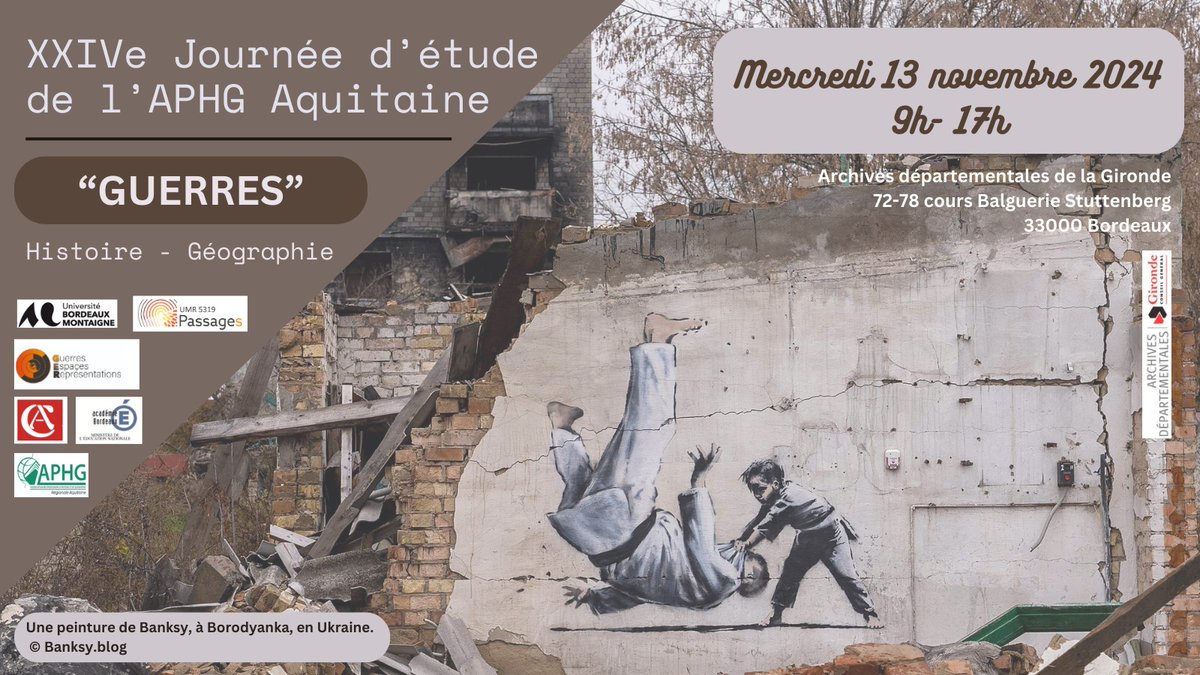 AphgAquitaine's tweet image. Cette semaine : XXIVe JE de l'@AphgAquitaine sur le thème #Guerres 
Conférences et ateliers en #histoire et en #géographie avec A. Cattaruzza, D. Mathis, M. Joly, J. Le Gac et C. Puget 
📅 Mercredi 13 novembre 2024
⌚ 9h - 17h
📍AD Gironde - #Bordeaux 
Complet