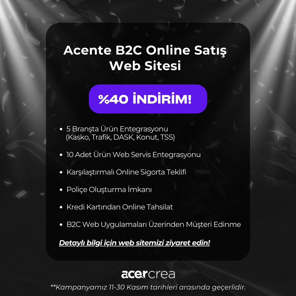Efsane Acente Kampanyamıza Özel Acente B2C Online Satış Web Sitesi Paketimizle Tanışın! 🚀
 
Acente B2C Online Satış Web Sitesi paketimiz ile 7/24 online müşteri etkileşimi sağlayın.
 
📢 %40 indirim fırsatını kaçırmayın!

👉 acercrea.com/kampanya/efsan…