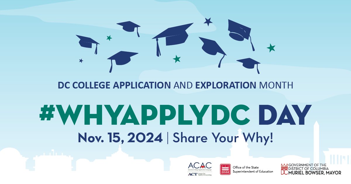 Join us this Friday, Nov. 15, for #WhyApplyDC Day by wearing your college gear (t-shirt, hats, pins, etc.) and sharing why you believe students should apply to college! Tag OSSE and share your why as we cheer on the class of 2025!