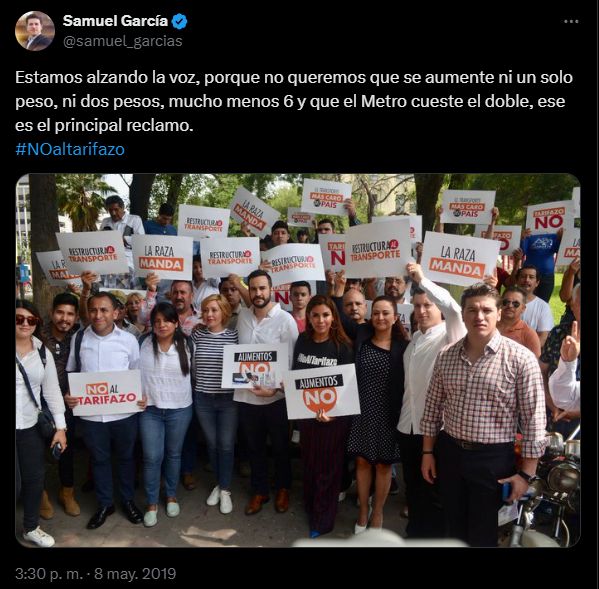 #NoAlTarifazo | En lugar de aumentar el precio, Samuel García debería pedir perdón a la raza trabajadora que pierde 2, 3 y hasta 4 horas de su tiempo sólo esperando a que pase el camión. ¿Para qué quieren traer a tanta empresa a #NuevoLeón, si la fuerza  laboral sufre para lo más