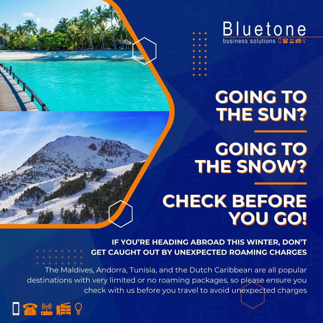 WINTER TRAVEL PLANS? CHECK YOUR ROAMING PLAN BEFORE YOU GO ❄️

Whether you're catching some winter sun, hitting the ski slopes, or anything in between, take a moment before you travel to check out your mobile roaming package and help avoid unexpected charges upon your return!