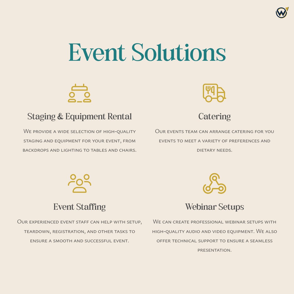WDISolutions's tweet image. Whether it's delicious catering, technical equipment, or a breathtaking venue, our events team will make sure you have everything you need to assure that people leave your event telling their friends and colleagues all about it