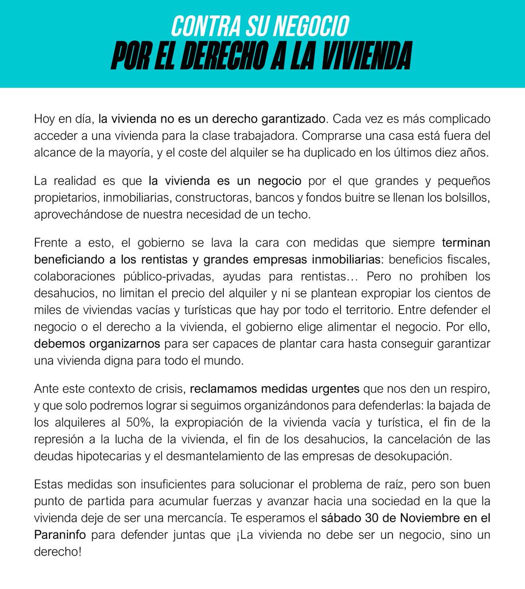 InquilinasZgz's tweet photo. 📢EL 30 DE NOVIEMBRE SALIMOS A LAS CALLES

¡Contra su negocio y por el derecho a la vivienda!
#30N #ContraSuNegocioPorElDerechoALaVivienda https://t.co/DqgF5Iw659