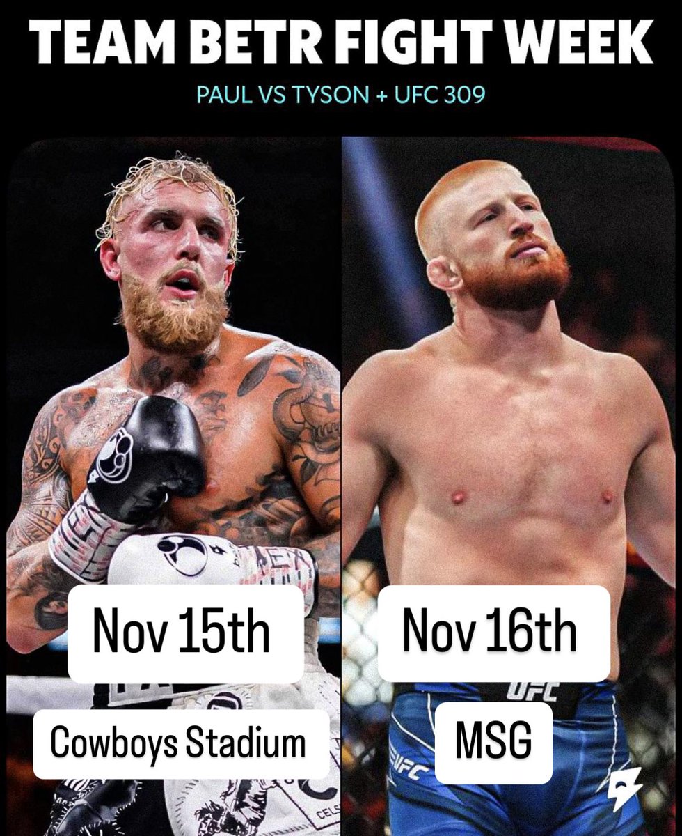 betr's tweet photo. TEAM BETR FIGHT WEEK⚡️

Nov 15th @jakepaul takes over Cowboys Stadium for the biggest boxing fight in history 🥊 

Nov 16th @NoBickal the Best Prospect in the UFC takes on Paul Craig at MSG on the Main card for #UFC309 🥊 https://t.co/g3U3H2GMDl