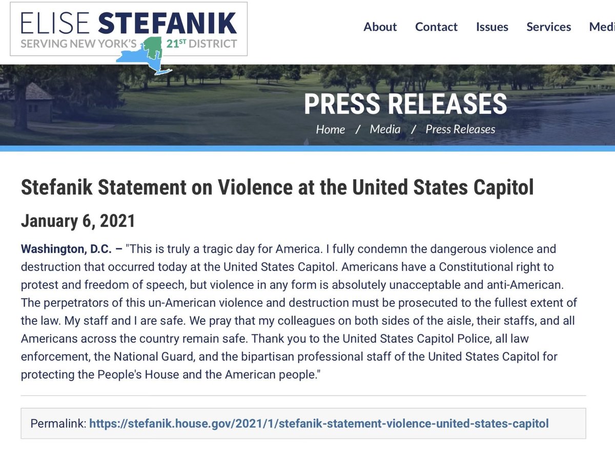 In a now-deleted statement, Elise Stefanik called for Trump’s supporters who stormed the Capitol to “be prosecuted to the fullest extent of the law.”

Stefanik now refers to the rioters as “hostages” and Trump has nominated her to be the U.S. Ambassador to the UN.