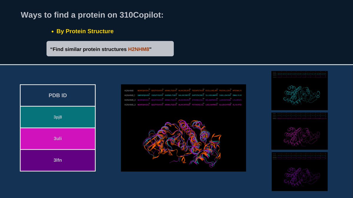 310copilot's tweet photo. 🧵You can find a #protein in various ways within seconds by writing a prompt on 310Copilot:

1. Finding Protein by its Structure Similarities:  Structural searches offer insights into 3D conformations, interactions, #DrugDesign, and functional predictions. https://t.co/VbprzH27dr