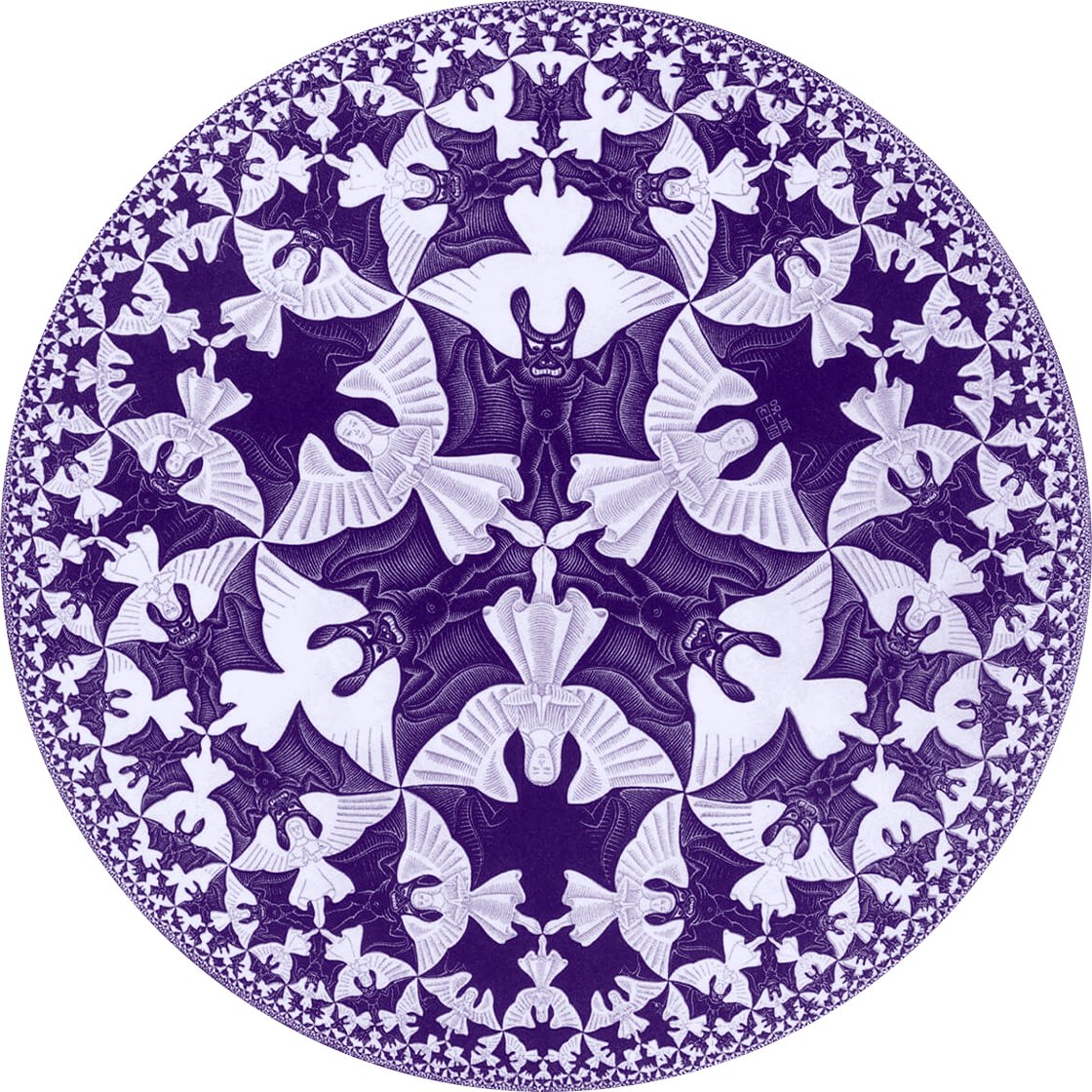 QuantaMagazine's tweet image. M.C. Escher’s “Circle Limit IV” woodcut depicts a geometry in which an infinite expanse of angels and demons fits into a bounded region. Anti-de Sitter space, a toy universe used for probing how space and time could work like a hologram, has the same…