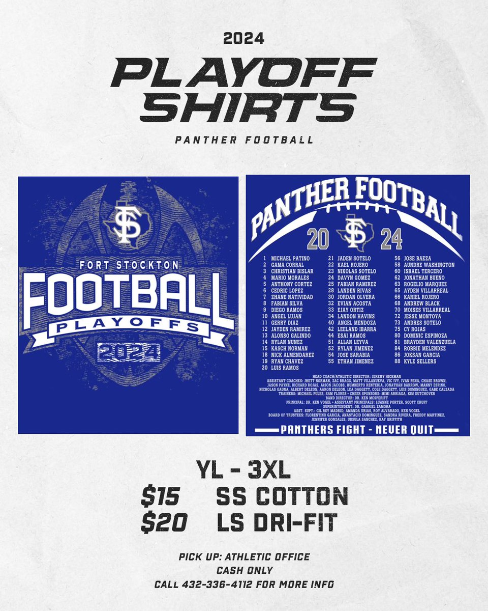 Fort Stockton Football (@fortstocktonfb) on Twitter photo Panther Football Playoff Shirts for sale starting today!!
YL-3XL
$15 SS Cotton
$20 LS Dri-Fit
Pick up: Athletic Office
Cash Only
Call 336-4112 for info <a href="/thecoachhickman/">Jeremy Hickman</a> Panther Football Playoff Shirts for sale starting today!!
YL-3XL
$15 SS Cotton
$20 LS Dri-Fit
Pick up: Athletic Office
Cash Only
Call 336-4112 for info <a href="/thecoachhickman/">Jeremy Hickman</a>