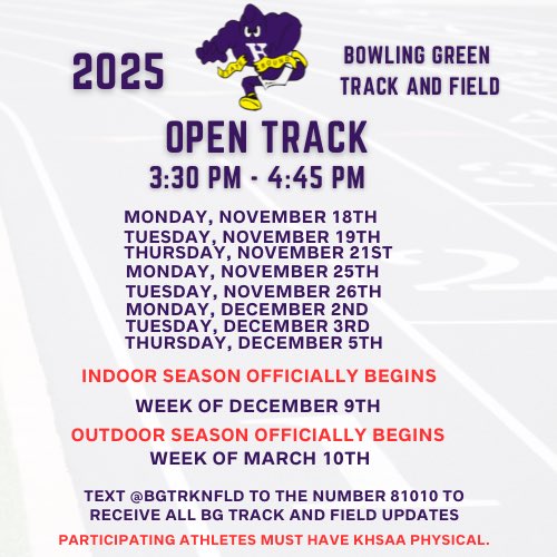 2025 <a href="/BGHSTrackNation/">Bowling Green T&F</a> will host open track workouts beginning Monday, November 18.

We look forward to seeing you all at the track!

See attachment below for more details.
<a href="/Purple_Striders/">Purple Striders</a> <a href="/BGHSPurplesNews/">The Purple Spirit</a> <a href="/BgPurplesAth/">BG Purples Athletics</a> #GoPurples