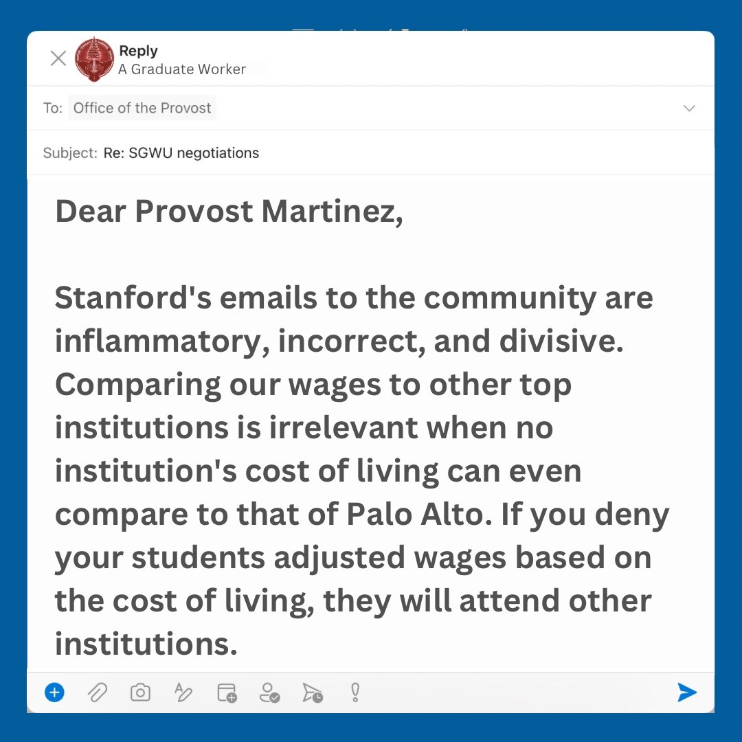 Our members aren’t falling for anti-union scare tactics 😤 Read more responses to the Provost’s message news.stanford.edu/stories/2024/1… from workers who aren’t convinced because THEY CAN’T PAY THEIR BILLS on Stanford’s wages!
#stanfordgwu #unionstrong #strikeready #phdlife