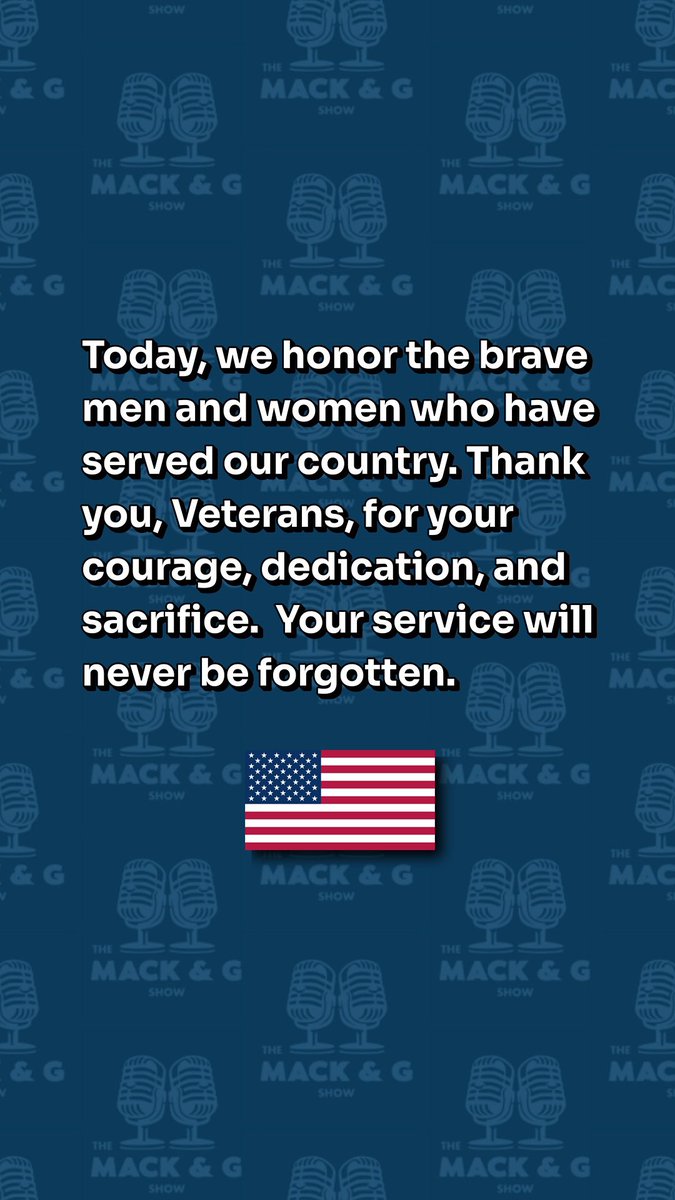 MackAndGShow's tweet photo. Today, we pause to honor and thank all Veterans for their service and sacrifice. 🇺🇸 Your bravery and dedication are the foundations of our freedom. #VeteransDay #VeteransDay2024 #ThankYouVeterans #HonorOurHeroes #MilitaryFamily #MackAndG https://t.co/RP5FsQxFJp