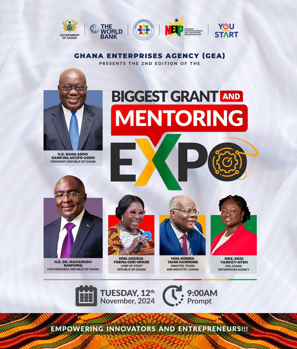 gea_ghana's tweet photo. Get ready for Phase 2 of the biggest Grant Disbursement of the YouStart Ghana Jobs and Skills Project!
The Phase 2 grant disbursement initiative will provide grants to over 4,500 youth-owned startups and enterprises.
#YouStart
#GJSP https://t.co/Rv59Q7gBMA