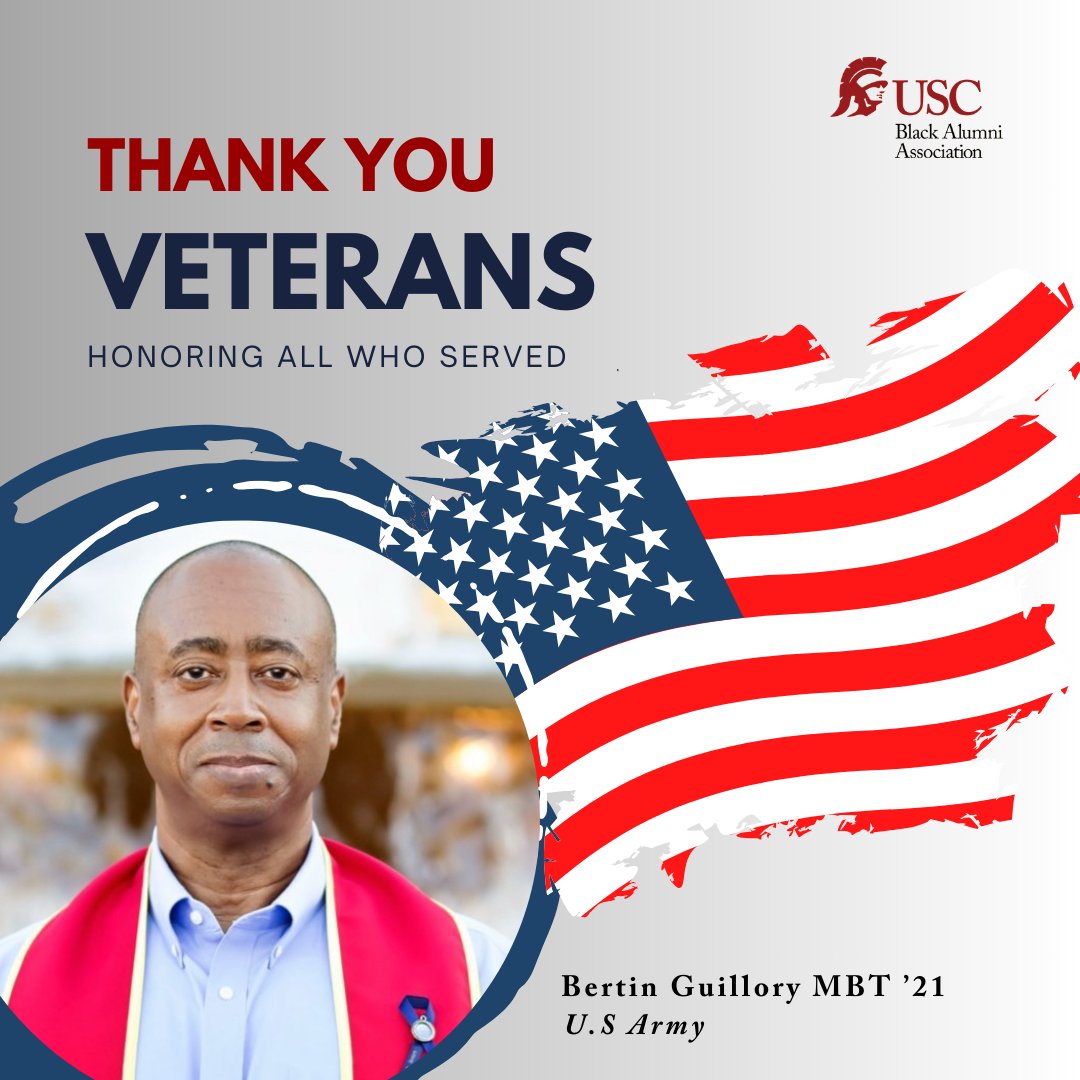 USCBAA's tweet image. Today, we pay tribute to the courage and sacrifice of our USC Black Trojan veterans and all those who have served. Let’s take a moment to honor their legacy and acknowledge their vital role in protecting our freedoms. Thank you for your service! ❤️💛 #VeteransDay #USCBAA #FightOn