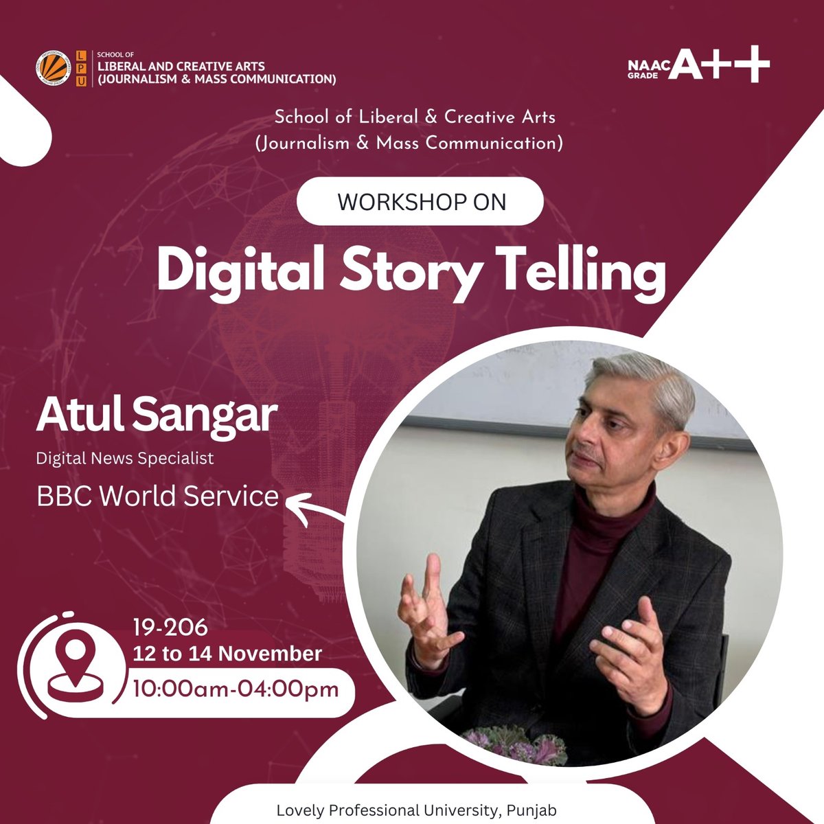 LPUJournalism's tweet image. Join us for an exclusive three-day workshop on Digital Storytelling, led by Atul Sangar, a Digital News Specialist at BBC World Service. #DigitalStorytelling #Workshop #BBCWorldService  #AtulSangar #lpu #lpudiaries #lpucampus #lpuworkshop #lpujournalism #lpumedia #thinkbig