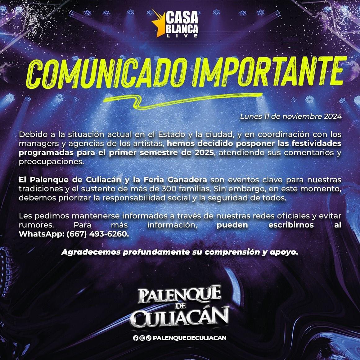 eventos_cln's tweet photo. 🚨 Comunicado Oficial 🚨

Palenque de Culiacán 2024 pospuesto para el primer semestre de 2025. https://t.co/3qRJwISETq