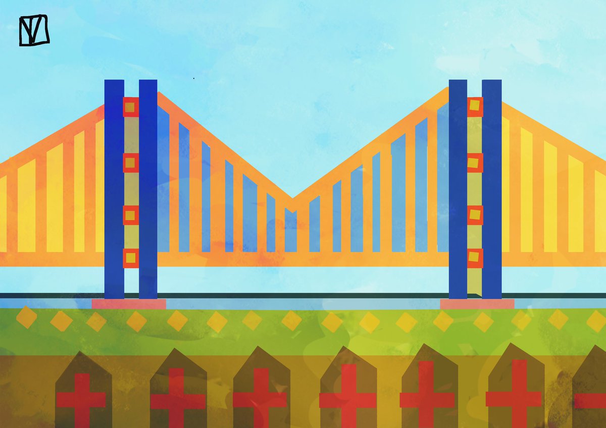 digihull's tweet image. Playing around with a style ‘loosely based on Mary Blair’ Humber Bridge #procreate #hull