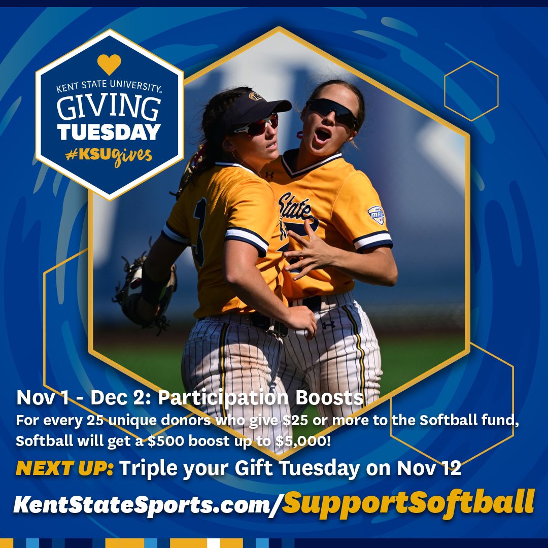 Starting tonight at Midnight is Triple your Gift Tuesday (Tue, Nov. 12)! Gifts up to $500 are TRIPLED until the $25k matching pool runs out. The earlier you make a gift on Nov. 12, the more likely it will get tripled! Go to KentStateSports.com/SupportSoftball to make a gift #GoFlashes