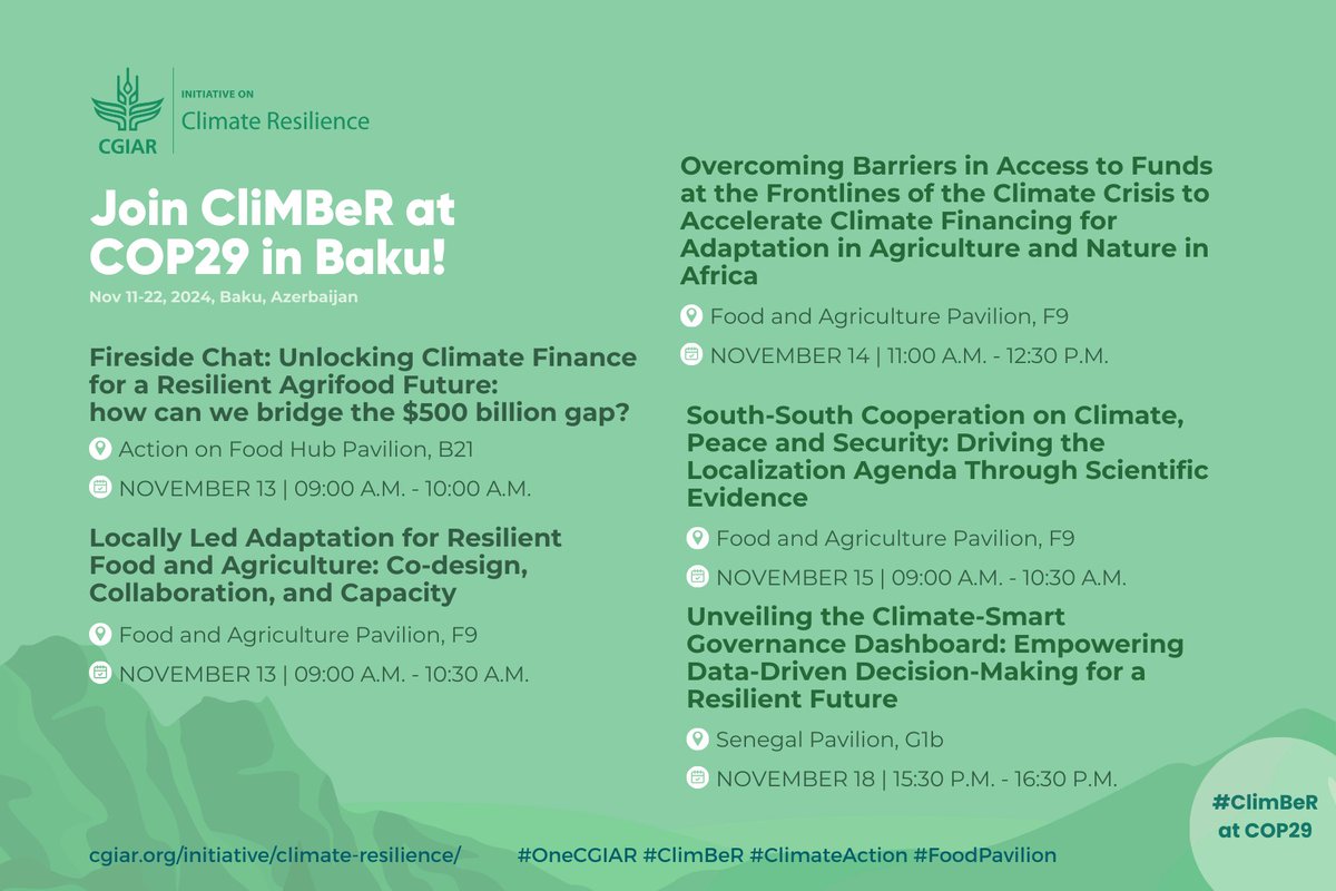 CGIAR | Climate Impact Platform (@cgiarclimate) on Twitter photo As <a href="/COP29_AZ/">COP29 Azerbaijan</a> kicks off in Baku, Azerbaijan today, here's the <a href="/CGIAR/">CGIAR</a> Initiative on Climate Resilience (#ClimBeR) event lineup.👇 👇
<a href="/BiovIntCIAT_eng/">Alliance of Bioversity International and CIAT</a> <a href="/IWMI_/">IWMI</a> <a href="/irri/">IRRI 🌾</a>
#OneCGIAR #FoodPavilion #ClimateAction #ClimBeR As <a href="/COP29_AZ/">COP29 Azerbaijan</a> kicks off in Baku, Azerbaijan today, here's the <a href="/CGIAR/">CGIAR</a> Initiative on Climate Resilience (#ClimBeR) event lineup.👇 👇
<a href="/BiovIntCIAT_eng/">Alliance of Bioversity International and CIAT</a> <a href="/IWMI_/">IWMI</a> <a href="/irri/">IRRI 🌾</a>
#OneCGIAR #FoodPavilion #ClimateAction #ClimBeR