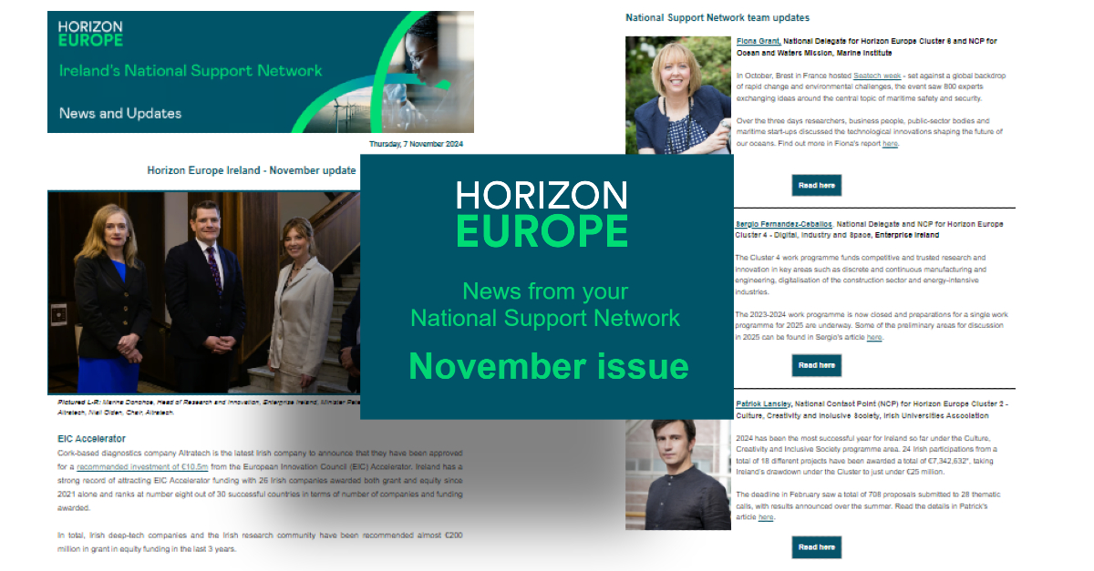 Horizon Europe Ireland (@horizoneuropeie) on Twitter photo In our November newsletter:
- Get updates on Cluster 4, partnerships and events from <a href="/SergioFCeballos/">Horizon Europe - Cluster4 - Industry</a>
- <a href="/IUAofficial/">Irish Universities Assoc.</a>'s Patrick Lansley on the rise of Cluster 2 success in Ireland
- Details on Seatech Week from Fiona Grant in <a href="/MarineInst/">Marine Institute</a>
Read here tinyurl.com/mu7jx6vn In our November newsletter:
- Get updates on Cluster 4, partnerships and events from <a href="/SergioFCeballos/">Horizon Europe - Cluster4 - Industry</a>
- <a href="/IUAofficial/">Irish Universities Assoc.</a>'s Patrick Lansley on the rise of Cluster 2 success in Ireland
- Details on Seatech Week from Fiona Grant in <a href="/MarineInst/">Marine Institute</a>
Read here tinyurl.com/mu7jx6vn