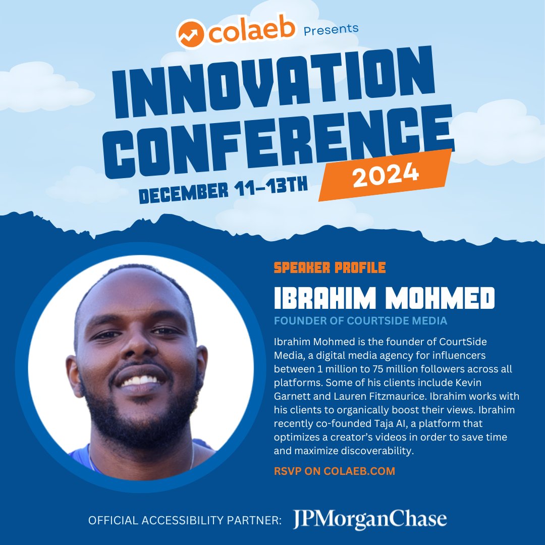 collabnelevate's tweet image. Excited for #2024Conference? Hear from Ibrahim Mohmed, founder of CourtSide Media and co-founder of Taja AI. Learn how he's transforming influencer marketing and supporting Sudan through Nile Nights.

RSVP here: colaeb.com/2024-conference

🌍❤️ #DigitalInnovation #SocialImpact